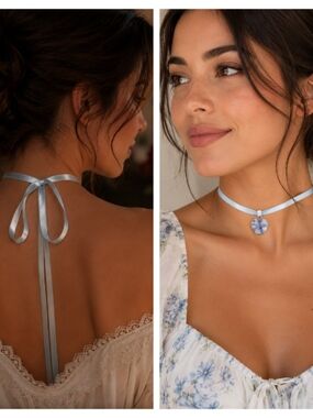 Light Blue Ribbon Heart Pendant Choker Tie Necklace